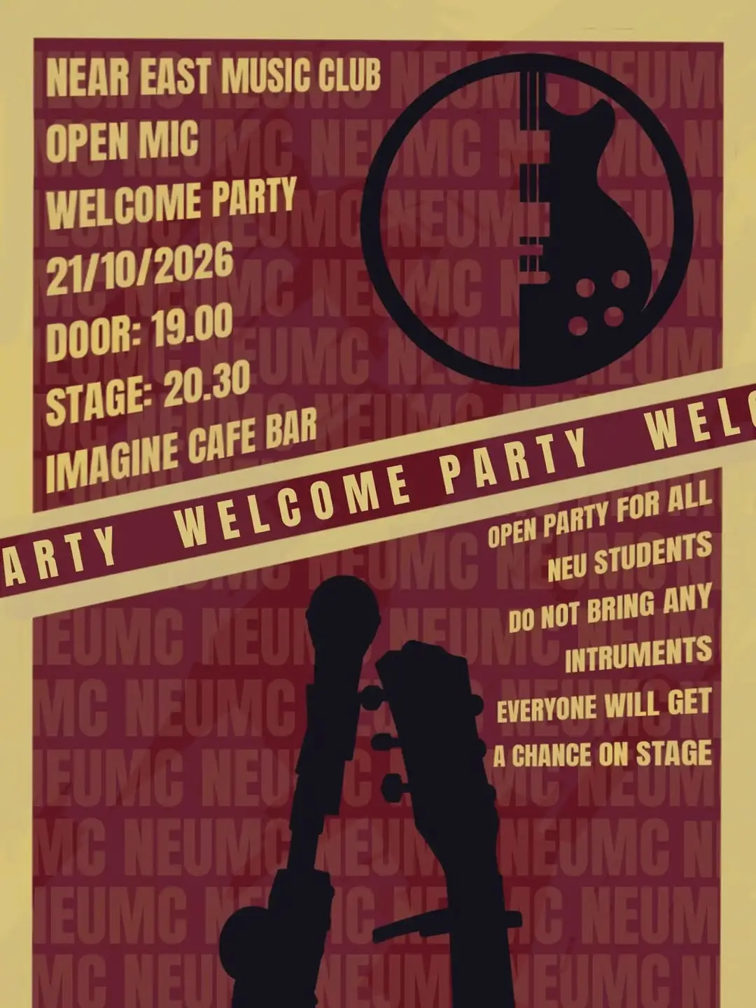 Near East Music Club poster on a mustard and maroon background with guitar and microphone silhouettes: Open Mic Welcome Party, 21/10/2026, door 19.00, stage 20.30, Imagine Cafe Bar