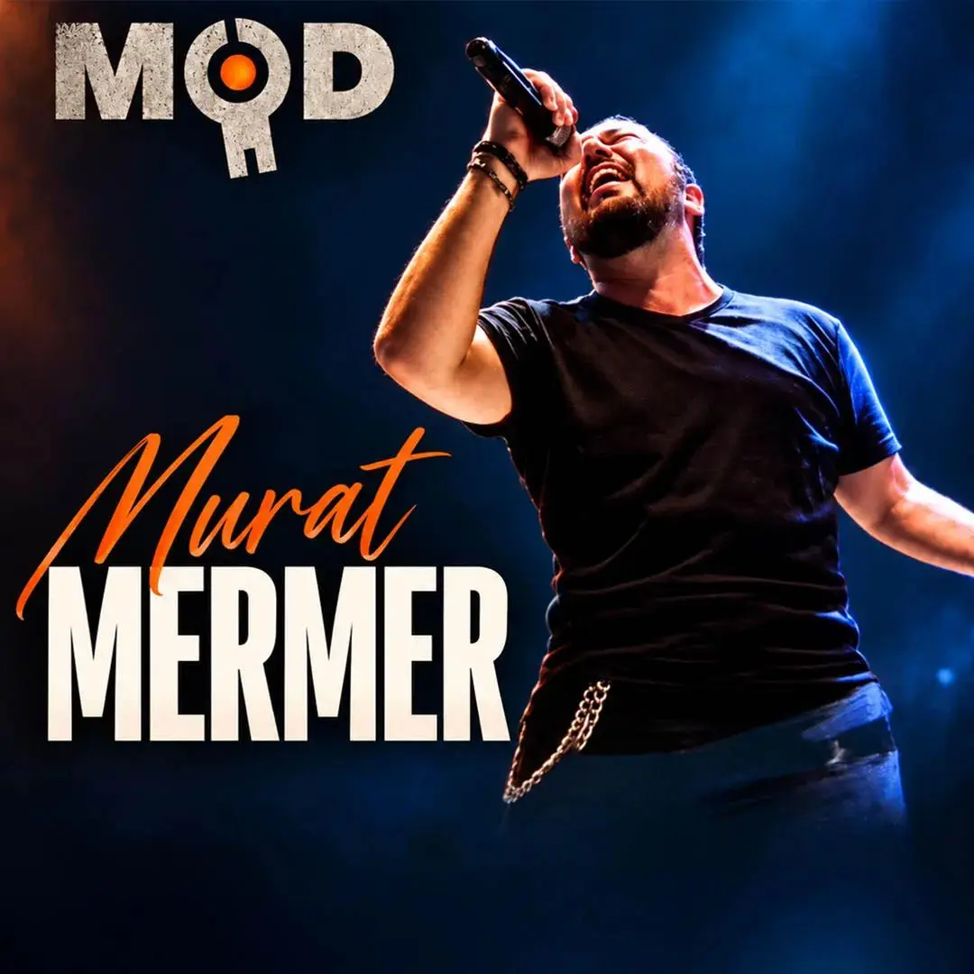 MOD poster: Murat Mermer singing into a microphone with one arm raised, against a dark blue background, his name in large white and orange letters