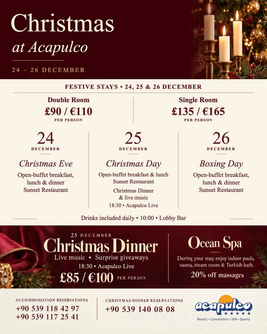 Acapulco 'Christmas at Acapulco' flyer in burgundy and cream with candles: festive stays 24–26 December from £90 / €110, and the 25 December Christmas Dinner at 18:30 in Acapulco Live, £85 / €100 per person