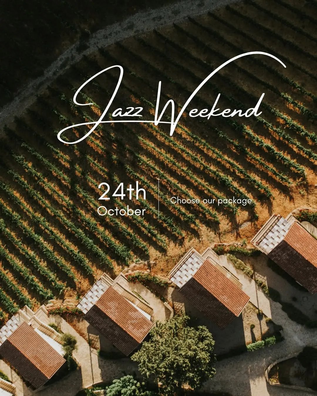 Gillham Vineyard 'Jazz Weekend' poster: aerial view of vine rows and terracotta-roofed villas; 24th October, 'Choose our package'