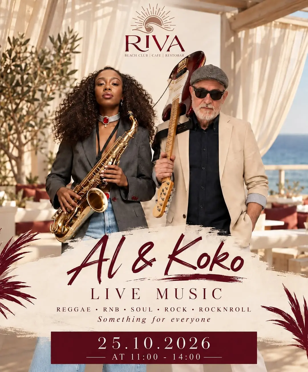 RIVA poster: a saxophonist and a guitarist in a flat cap and sunglasses on a sea-view terrace; Al & Koko live music, reggae, RnB, soul, rock, rock'n'roll, 25.10.2026 at 11:00–14:00