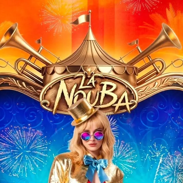La Nouba SHOWCASE poster with a circus tent, trumpets and a performer in a gold top hat
