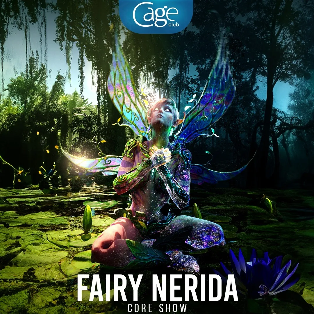 Fairy Nerida core show poster for Cage Club: a glowing winged fairy in a misty forest