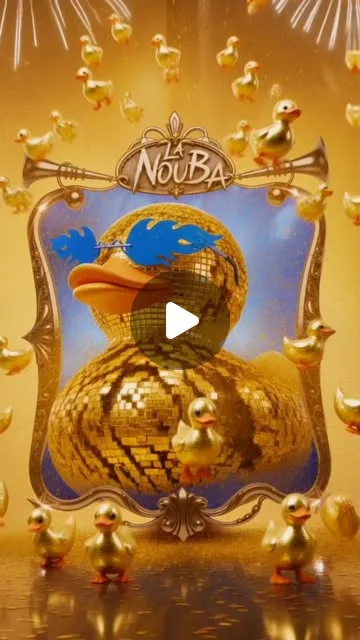 La Nouba Lucky Ducky afişinde lastik ördeklerle çevrili altın disko topu ördek