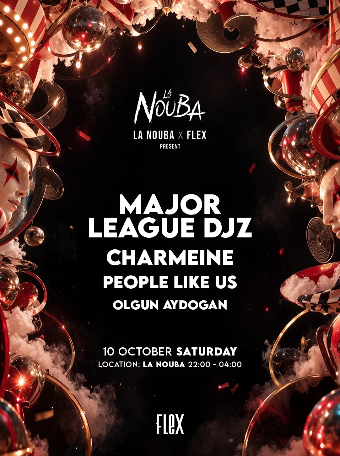 La Nouba × FLEX poster listing Major League DJz, Charmeine, People Like Us and Olgun Aydoğan for 10 October