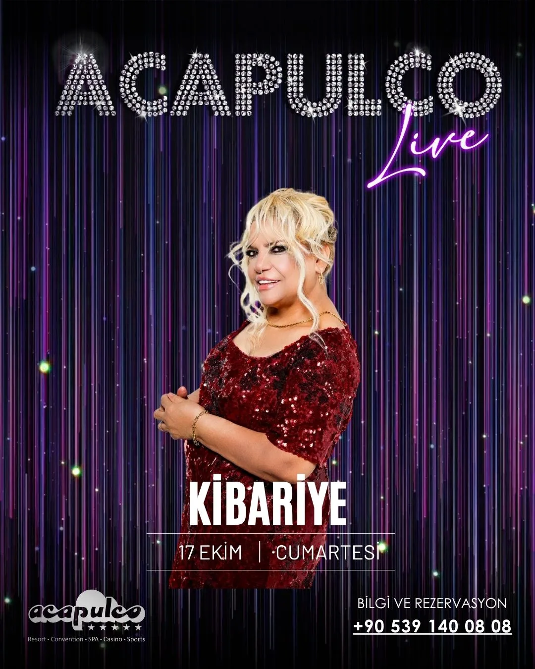 Kibariye in a red sequinned dress on the Acapulco Live poster for 17 October