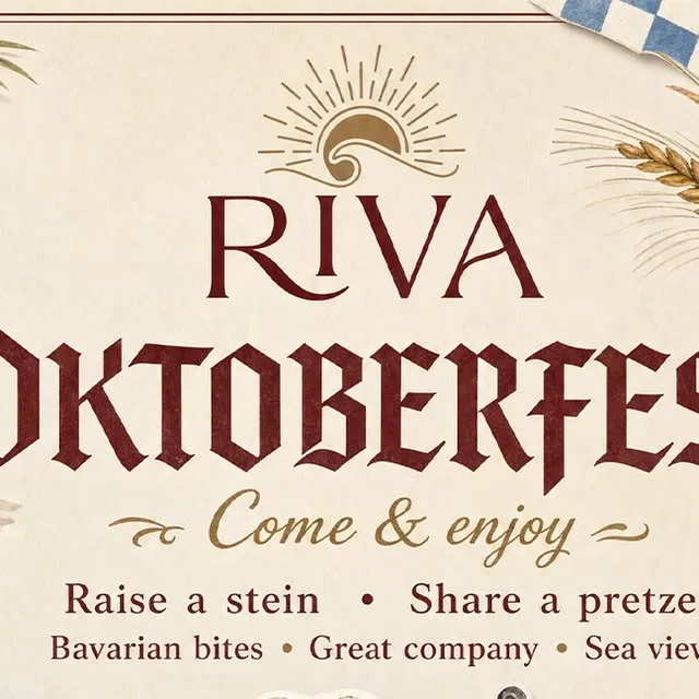 RIVA Oktoberfest poster: raise a stein, share a pretzel, Bavarian bites, sea view