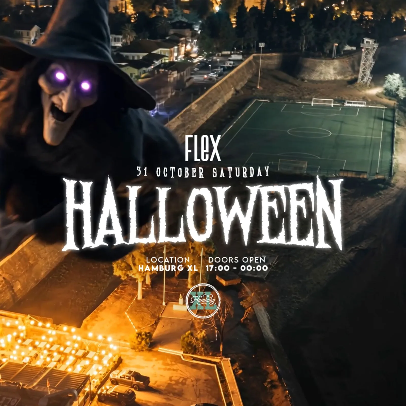 FLEX Halloween poster with a witch over an aerial view of Hamburg XL by Lefkoşa's city walls
