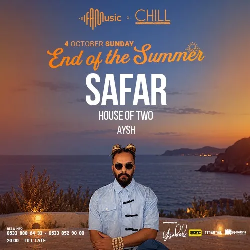 Famusic × Chill End of the Summer poster with SAFAR in front of a sunset sea view
