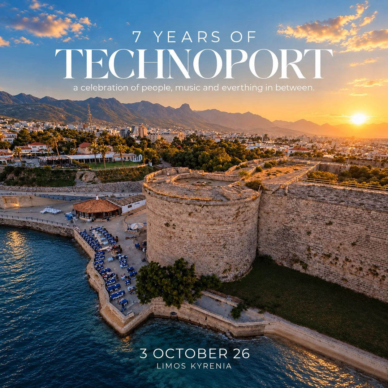 Technoport 7. yıl afişi: gün batımında Girne Kalesi ve limanın havadan görünümü, 3 Ekim 26, Limos Girne
