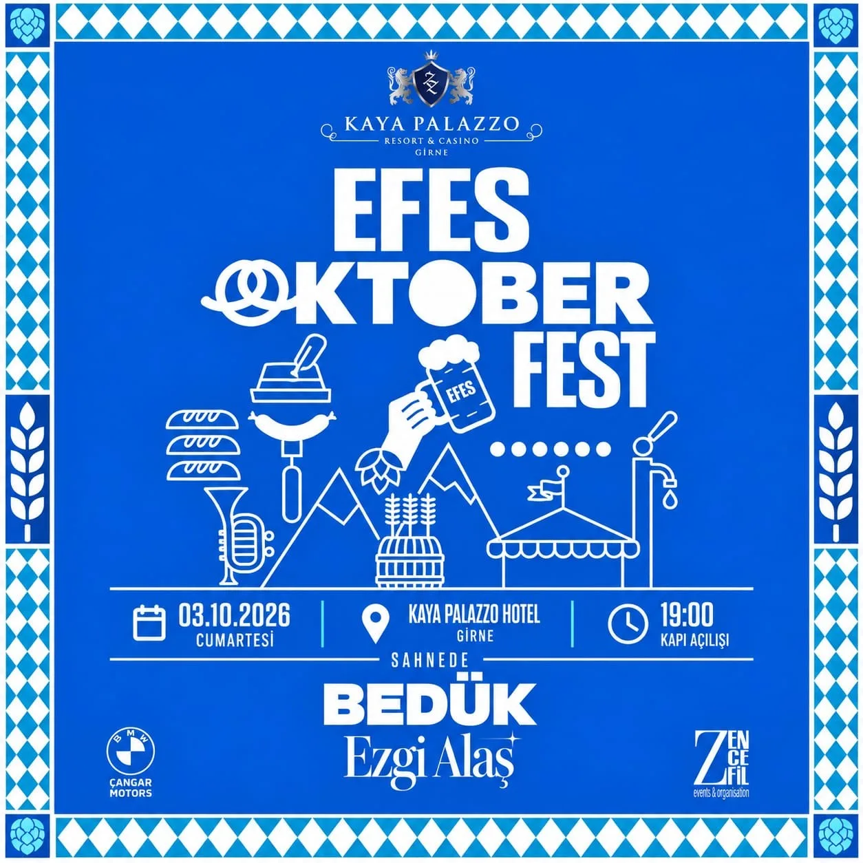 Blue Efes Oktober Fest poster with Bavarian-pattern border: 03.10.2026, Kaya Palazzo Hotel Girne, doors 19:00, Bedük and Ezgi Alaş