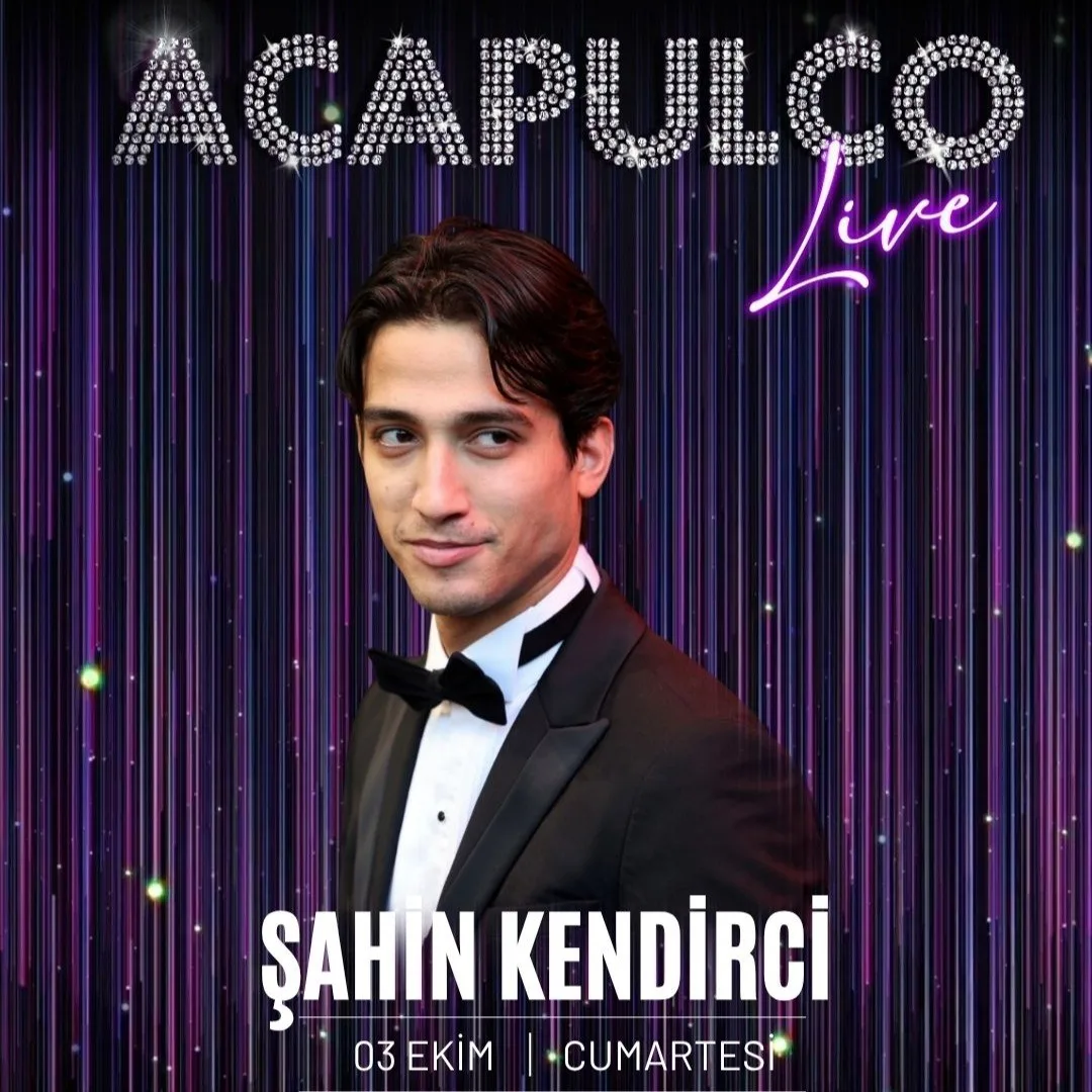 Şahin Kendirci in a tuxedo on a purple sparkle background, Acapulco Live, 3 Ekim Cumartesi