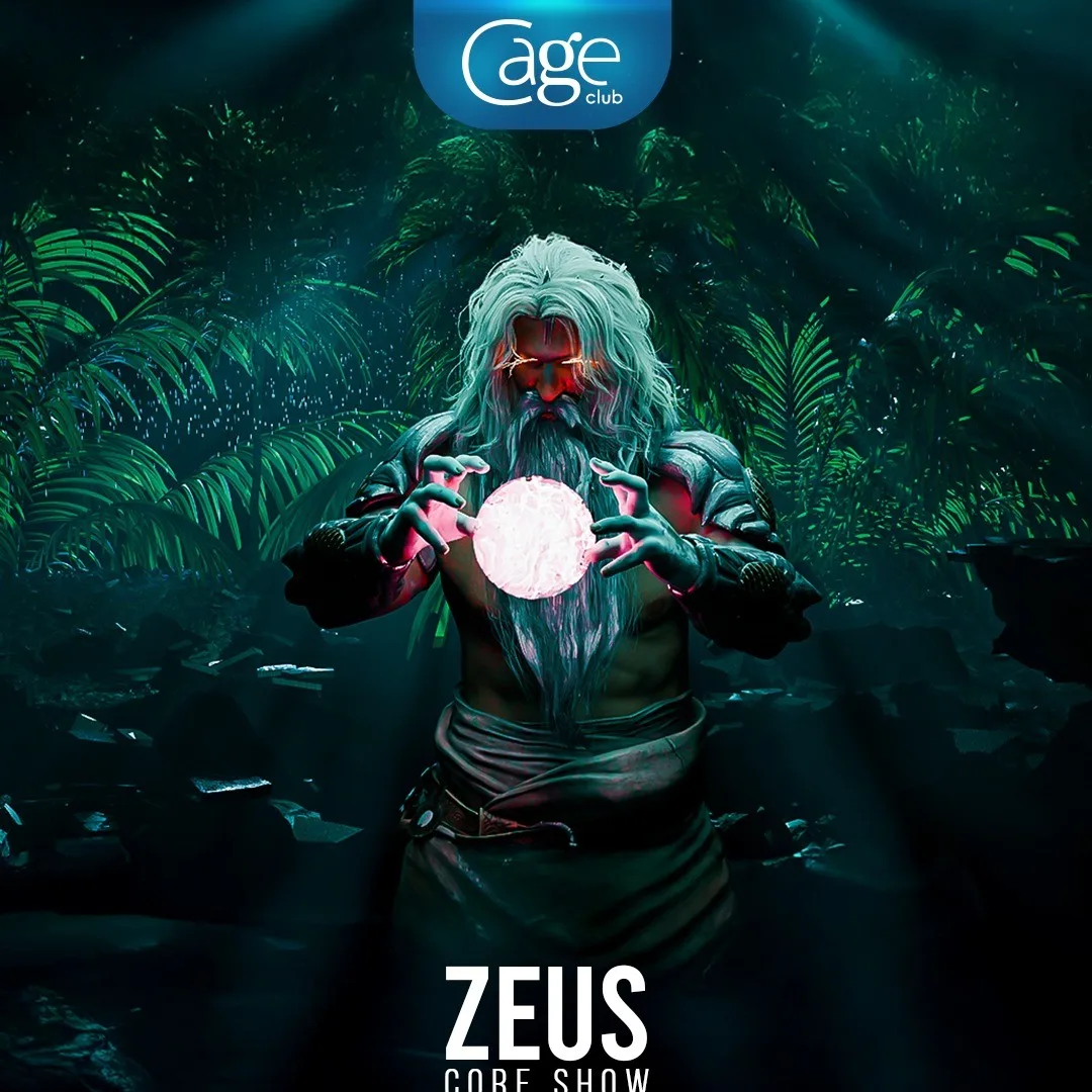 Zeus core show poster for Cage Club: a white-bearded Zeus holding a glowing orb in a dark jungle