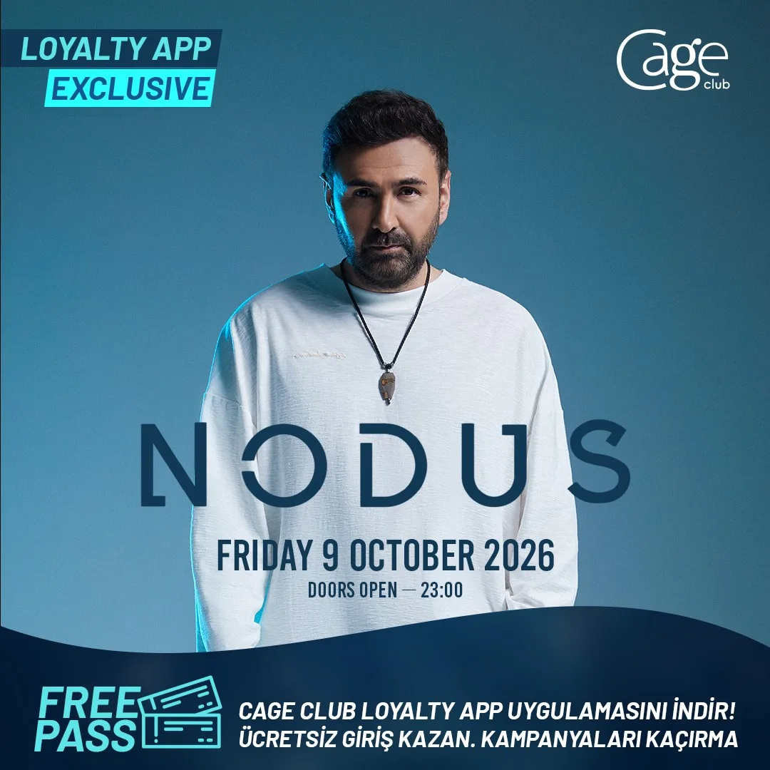 Nodus poster for Cage Club: the DJ in a white T-shirt on blue, Friday 9 October 2026, doors 23:00, Loyalty App free pass