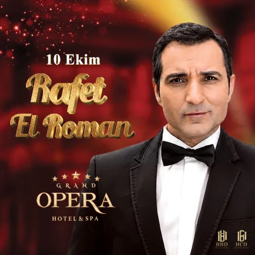 Rafet El Roman in a tuxedo with gold lettering, 10 October, Grand Opera Hotel & Spa logo