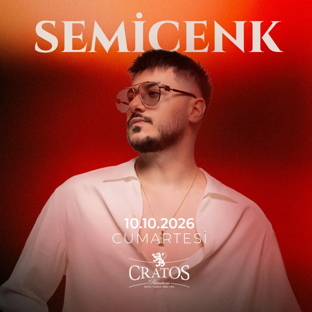 Kırmızı-turuncu fonda güneş gözlüklü Semicenk, 10.10.2026 Cumartesi, Cratos Premium logosu
