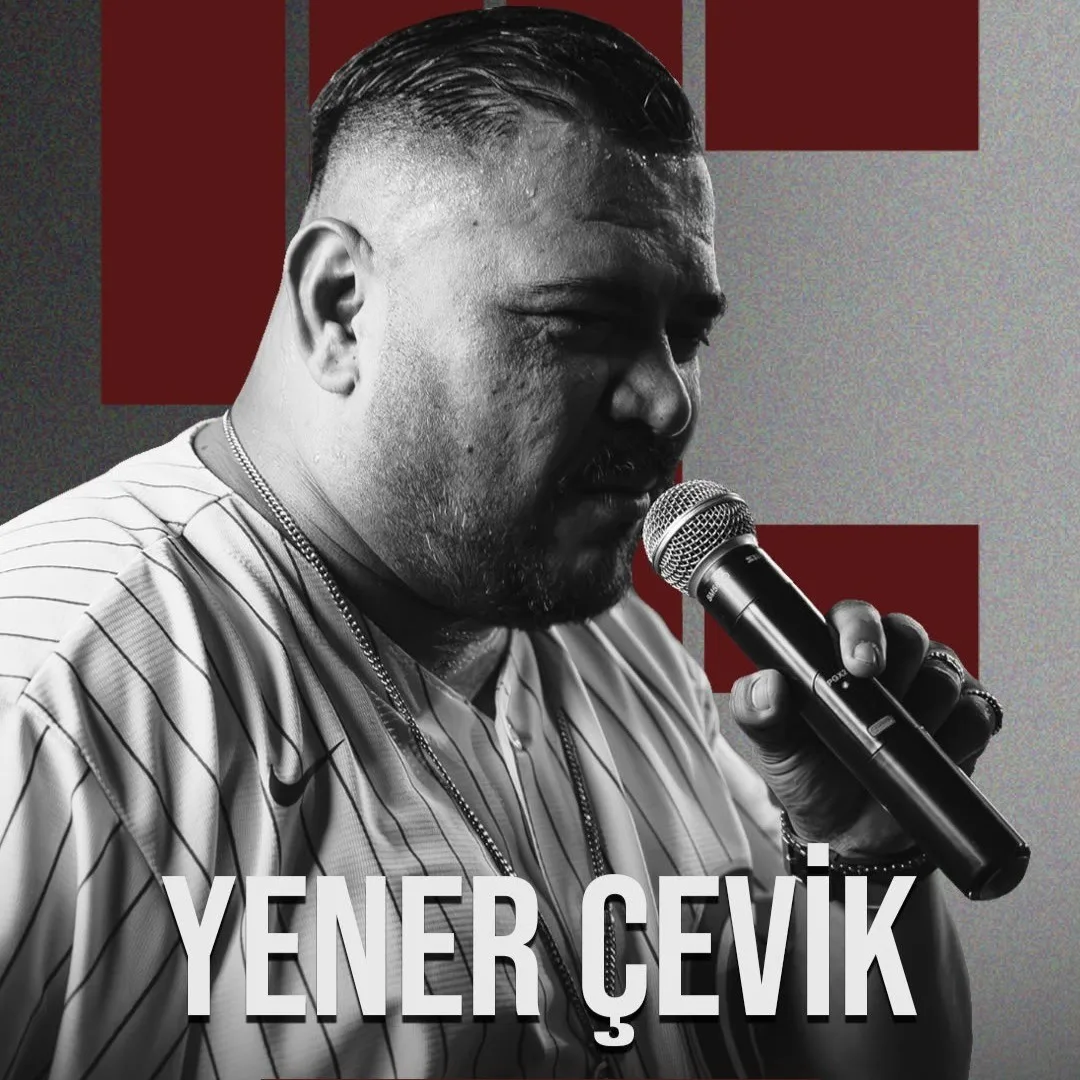 Black-and-white photo of Yener Çevik rapping into a microphone, name in large white letters