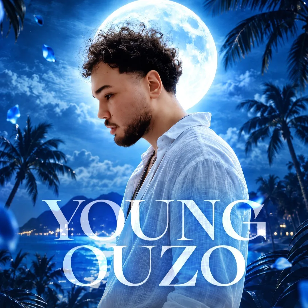 Yung Ouzo in a white linen shirt under a full moon and palm trees, name in large white serif letters
