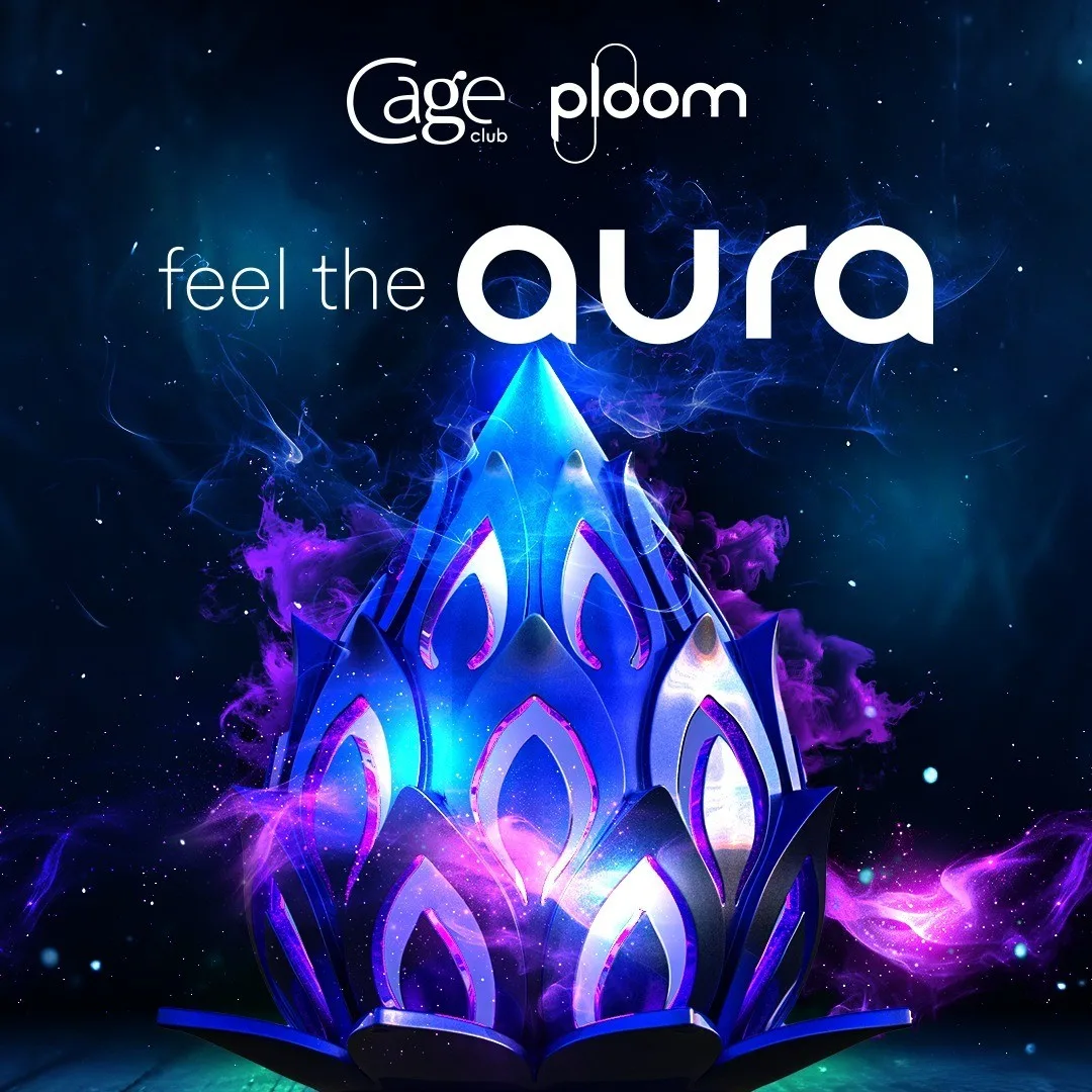 Cage Club × Ploom 'feel the aura' poster with a glowing crystal lotus sculpture on a cosmic blue background