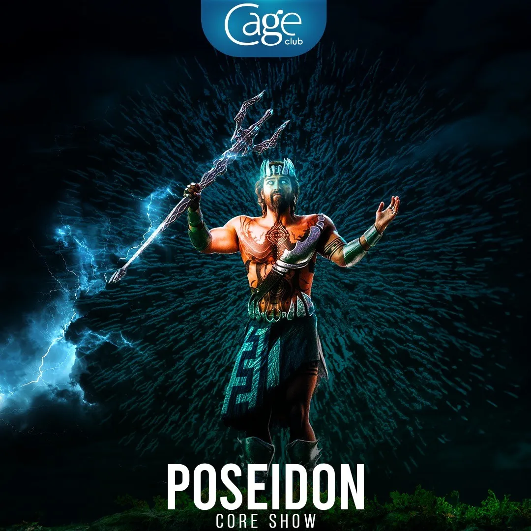 Poseidon core show poster for Cage Club: Poseidon raising a trident amid lightning and swirling water