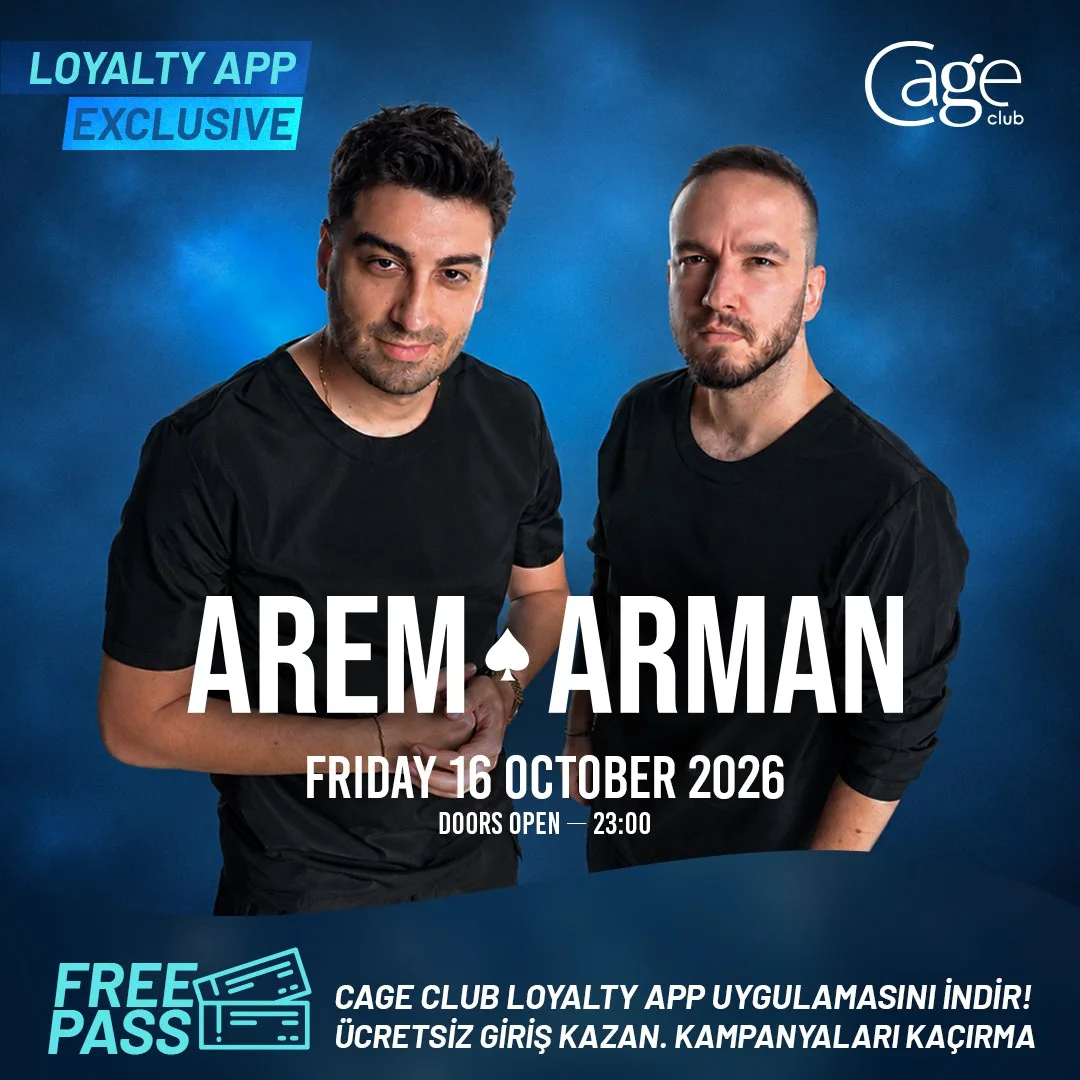 Arem & Arman in black T-shirts on blue, Friday 16 October 2026, doors 23:00, Cage Club Loyalty App free pass
