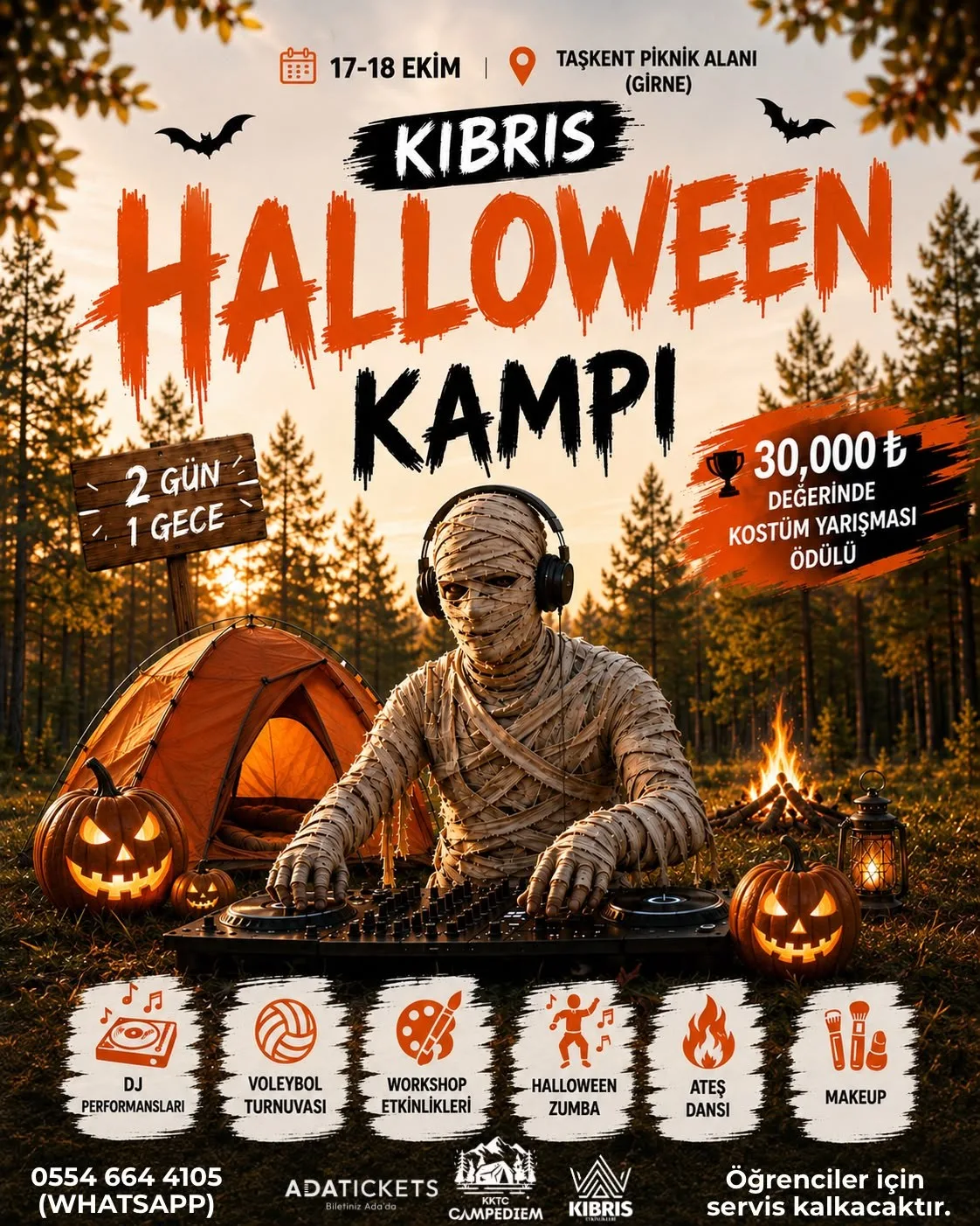 Kıbrıs Halloween Kampı poster: a mummy DJ among pumpkins and tents in a pine forest, 17–18 Ekim, Taşkent Piknik Alanı, 2 days 1 night, 30,000 TL costume prize