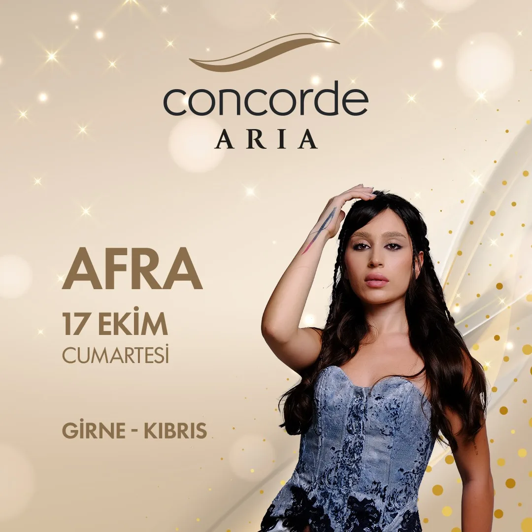 Işıltılı şampanya-altın fonda Afra, Concorde Aria logosu, 17 Ekim Cumartesi, Girne – Kıbrıs