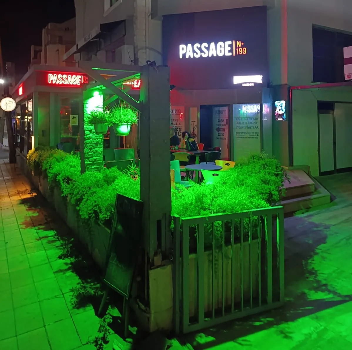 Passage N.199 at night: street terrace with greenery and the lit PASSAGE N°199 sign, opposite EMU in Famagusta